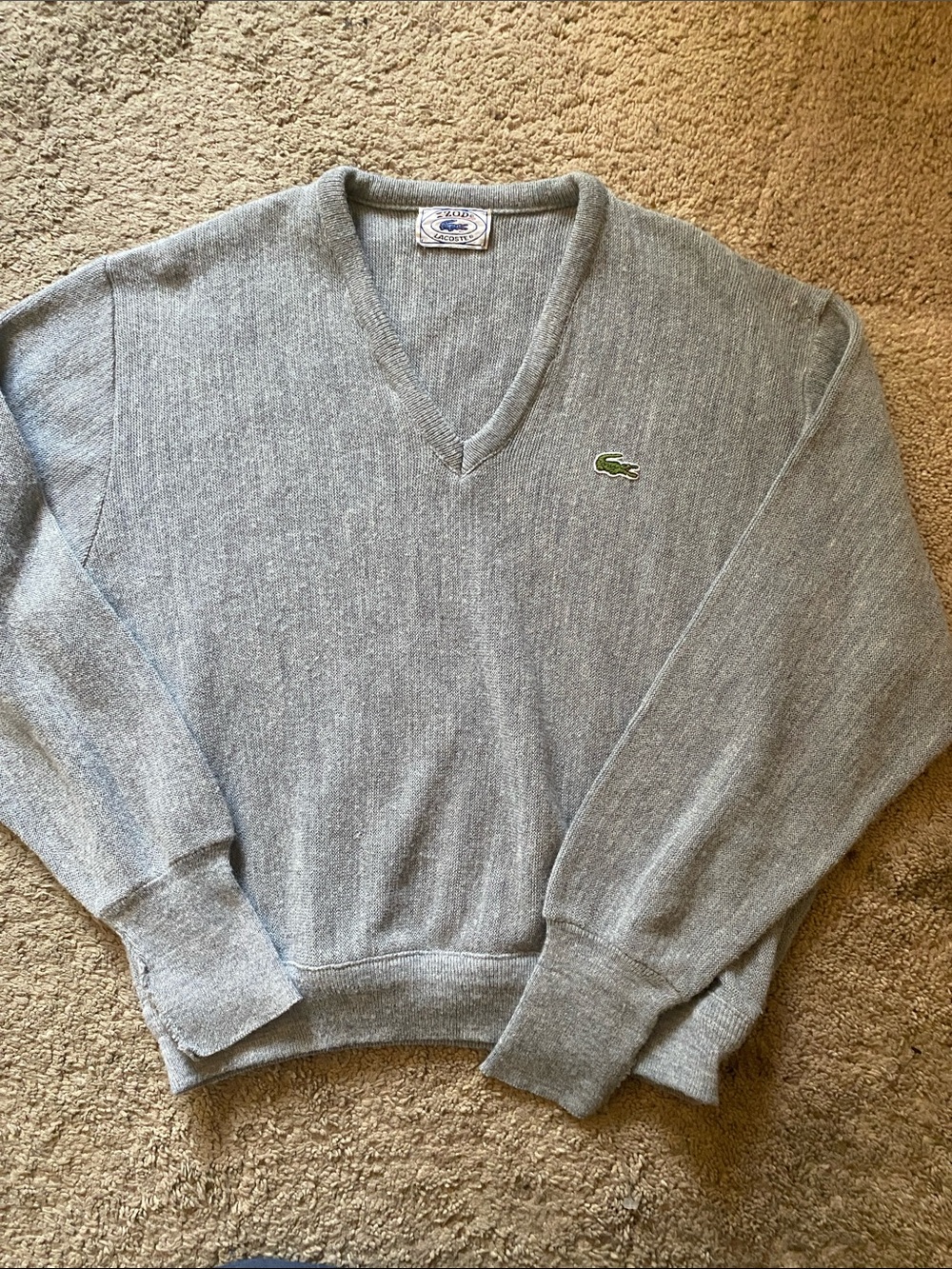 Lacoste Grey V-Neck Sweater with Green Crocodile Patch